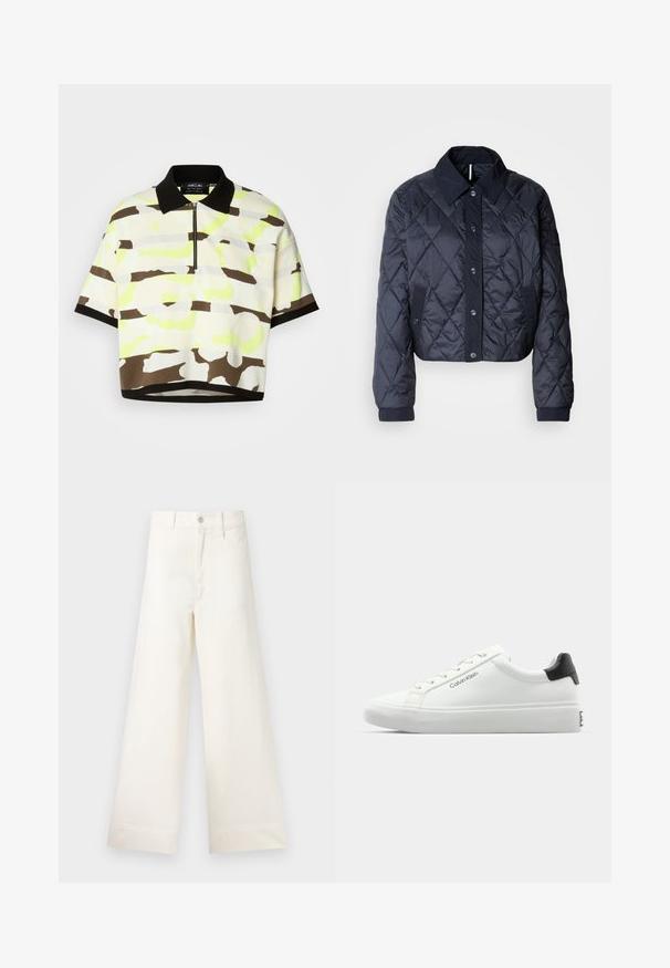 Tamsiai mėlynas paminkštintas švarkas su didele apykakle, mygtukų uždarymu ir elastingomis rankovėmis. Pasižymi įstrižainiais siūlais ir šoninėmis kišenėmis. Minkšta, lygi tekstūra.; Trumpas rankovėmis polo marškinėliai lengvos medžiagos su šviesiai geltona, ruda ir pilka abstrakčia raštine, juodu apykakle ir užtrauktuku.; Platus kojų kelnes šviesiai smėlio spalvos medvilnės. Aukšta juosmens linija, priekinės kišenės ir tiesus kirpimas. Švarus apvadas be raštų.; Baldos suknelės sportbačiai su lygiu paviršiumi, juodu kulno akcentu ir raištelių dizainu. Šone matoma "Calvin Klein" prekės ženklo ženklas. Minimalistinio stiliaus.