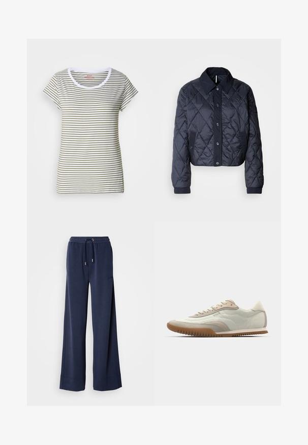 Mornarsko modra kvačkana jakna z velikim ovratnikom, gumbi spredaj in elastičnimi manšetami. Ima diagonalno šivanje in stranske žepe. Mehka, gladka tekstura.; Polo majica z mehkega bombaža, ki ima vodoravne bele in olivno zelene proge, okroglo ovratnico in kratke rokave.; Mornarske široke hlače iz mehkega blaga, ki imajo elastičen pas s vrvico in logotip na sprednji levi nogi.; Bež in bela športna obutev z gladkim zgornjim delom in semiš detajli, teksturiranim podplatom ter ton v ton šivi. Zavezovanje s podrobnostjo logotipa.