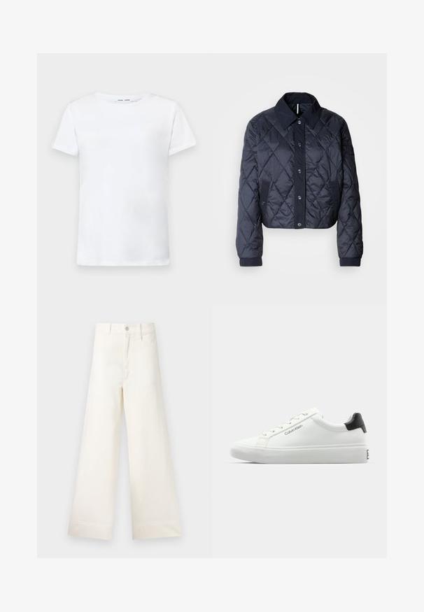 Veste matelassée bleu marine avec un grand col, fermeture à boutons et poignets élastiques. Comprend des coutures diagonales et des poches latérales. Texture douce et lisse.; T-shirt blanc à manches courtes en coton avec un col ras du cou. Texture lisse et coupe droite, sans motifs ni accents.; Pantalons large en coton beige clair. Dotés d'une taille haute, de poches latérales et d'une coupe droite. Finition ourlet propre sans motifs.; Sneaker blanche avec une finition lisse, accent noir au talon et design à lacets. Présente le logo "Calvin Klein" sur le côté. Style minimaliste.