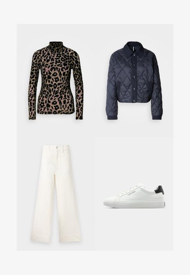 Laivastonsininen tikattu takki, jossa on suuri kaulus, napitus edessä ja elastiset hihansuut. Ominaisuuksiin kuuluu vinosaumaus ja sivutaskut. Pehmeä ja sileä tekstuuri.; Mustikkakuosiset pitkät hihaiset paita musta-harmaana, valmistettu pehmeästä, teksturoidusta kankaasta. Ominaisuuksina korkea pääntie ja istuva siluetti.; Suorat lahkeet vaaleasta beige puuvillasta. Korkea vyötärö, etutaskut ja suora leikkaus. Siisti helman viimeistely ilman kuvioita.; Valkoiset tennarit, joissa on sileä pinta, musta kantapääkorostus ja nauhakiinnitys. Sivulla on "Calvin Klein" -brändäys. Minimalistinen tyyli.