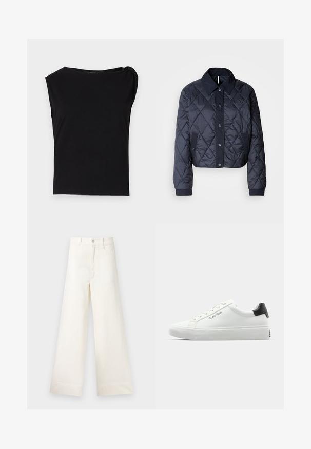 Tumedat sinise värvi tikandiga jakk suure krae, nööpidega esituse ja elastsete mansettidega. Omab diagonaalõmblusi ja küljetaskuid. Pehme, sile tekstuur.; Must be pime mustaga lühikese varrukaga topp, mis on valmistatud sileda kangaga. Omab ringikujulist kaeluse ja õlariba detaili. Lihtne, keha järgiv disain.; Laiad püksid heleses puuvillas. Omavad kõrget vööd, ees on taskud ja sirge lõige. Puhtad ääred ilma mustriteta.; Valge tennisekenks, millel on sile viimistlus, must kontsatarvik ja paelaga disain. Küljel on "Calvin Klein" bränditus. Minimalistlik stiil.