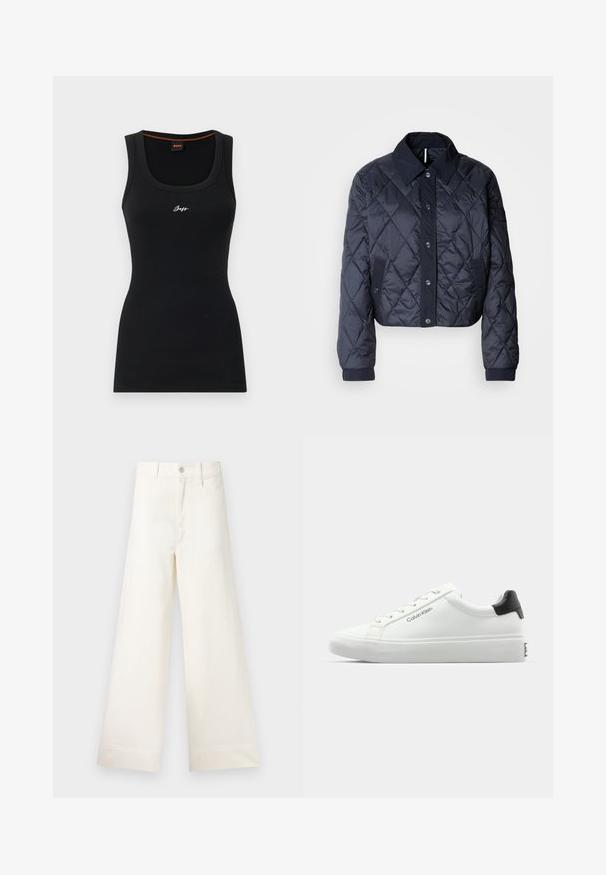 Tumedat sinise värvi tikandiga jakk suure krae, nööpidega esituse ja elastsete mansettidega. Omab diagonaalõmblusi ja küljetaskuid. Pehme, sile tekstuur.; Must mustriba top, mille ümmarguse kaelusega. Ees on väike valge "Boss" logo ja kaelaees on kontrastne oranž detail.; Laiad püksid heleses puuvillas. Omavad kõrget vööd, ees on taskud ja sirge lõige. Puhtad ääred ilma mustriteta.; Valge tennisekenks, millel on sile viimistlus, must kontsatarvik ja paelaga disain. Küljel on "Calvin Klein" bränditus. Minimalistlik stiil.