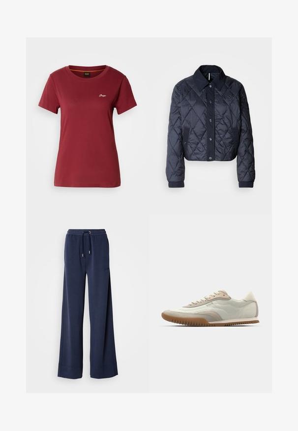 Marineblauwe gewatteerde jas met een grote kraag, knopen vooraan en elastische manchetten. Heeft diagonale stiksels en zijzakken. Zachte, gladde textuur.; Bordeaux-kleurige t-shirt met korte mouwen van zachte katoen, met een ronde halslijn en een klein wit "Boss" logo op de borst.; Navy wijde broek gemaakt van een zachte stof met een elastische tailleband met een trekkoord en logo-detail op de voorkant van het linkerbeen.; Witte en beige sneaker met een gladde bovenkant en suède accenten, een gestructureerde zool en tonale stiksels. Vetersluiting met logo-detaillering.