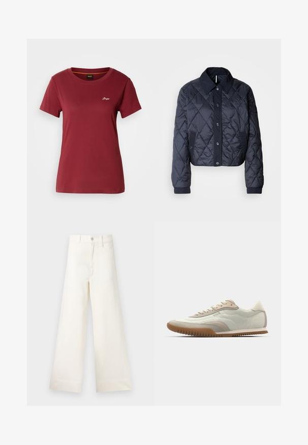 Laivastonsininen tikattu takki, jossa on suuri kaulus, napitus edessä ja elastiset hihansuut. Ominaisuuksiin kuuluu vinosaumaus ja sivutaskut. Pehmeä ja sileä tekstuuri.; Burgundy lyhythihainen t-paita, joka on tehty pehmeästä puuvillasta. Paidassa on pyöreä pääntie ja pieni valkoinen "Boss"-logo rinnassa.; Suorat lahkeet vaaleasta beige puuvillasta. Korkea vyötärö, etutaskut ja suora leikkaus. Siisti helman viimeistely ilman kuvioita.; Valkoinen ja beige lenkkari, jossa on sileä päällinen ja keinonahkaiset yksityiskohdat, teksturoitu pohja ja sävy sävyyn ompelut. Nauhakiinnitys logo-yksityiskohdalla.