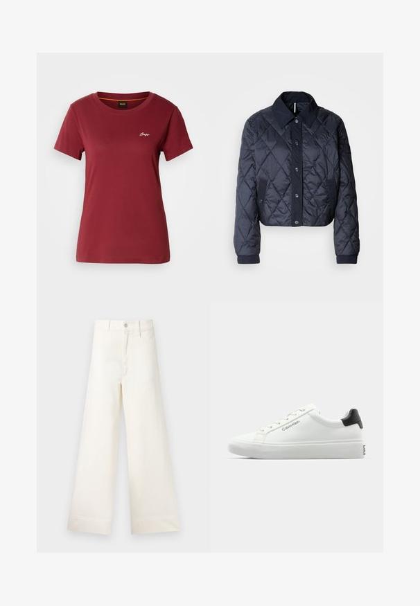 Tmavě modrá prošívaná bunda s velkým límcem, zapínáním na knoflíky a elastickými manžetami. Má diagonální prošití a boční kapsy. Měkká, hladká textura.; Burgundské tričko s krátkým rukávem vyrobené z měkké bavlny, s kulatým výstřihem a malým bílým logem "Boss" na hrudi.; Kalhoty s širokými nohavicemi v světle béžové bavlně. Mají vysoký pas, přední kapsy a rovný střih. Čistý lem bez vzorů.; Bílé tenisky s hladkým povrchem, černým akcentem na patě a šněrovacím designem. Na boku mají značku "Calvin Klein". Minimalistický styl.