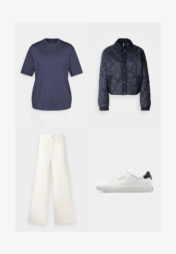 Tumši zils, quiltēts jaka ar lielu apkakli, pogu fasādi un elastīgām aprocēm. Satur diagonālas šuves un sānu kabatas. Mīksta, gluda tekstūra.; Tumši zils kokvilnas T-krekls ar apaļu kakla izgriezumu un īsām piedurknēm. Tam ir minimāla zīmola identificēšana priekšpusē un brīvs griezums.; Platākas kāju bikses gaiši pelēkā kokvilnā. Iespējams augsts jostasvieta, priekšējās kabatas un taisna griezuma. Tīrs apakšmalas apdare bez rakstiem.; Baltas sporta apavi ar gludu virsmu, melnu papēža akcentu un šauriem sašuvumiem. Sānos ir "Calvin Klein" zīmols. Minimālistisks stils.