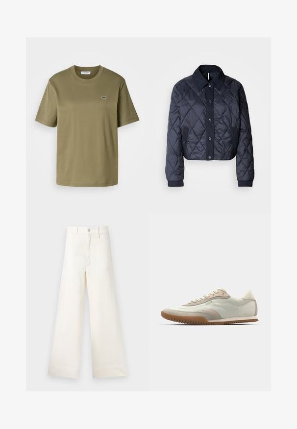 Mörkblå quiltad jacka med en stor krage, knappstängning fram och elastiska ärmar. Har diagonala sömmar och sidofickor. Mjuk, slät textur.; Olivgrön bomullströja med kort ärm, rund halsringning och en liten broderad krokodil-logotyp på vänster bröst.; Videbeniga byxor i ljusbeige bomull. Funktioner inkluderar hög midja, framfickor och rak skärning. Rena avslutningar utan mönster.; Vit och beige sneaker med en slät ovandel och mockadetaljer, en strukturerad sula och ton-i-ton sömnad. Snörning med logotypdetalj.