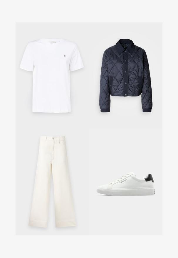 Marineblauer, gesteppter Regenmantel mit großem Kragen, Knopfverschluss vorne und elastischen Manschetten. Mit diagonaler Naht und Seitentaschen. Weiche, glatte Textur.; Weißes Baumwoll-T-Shirt mit kurzen Ärmeln, runder Ausschnitt und einem kleinen gestickten Logo auf der Brust. Glatte Textur und klassischer Schnitt.; Weite Hosen aus hellem beigen Baumwollstoff. Mit hoher Taille, vorderen Taschen und geradem Schnitt. Saubere Saumverarbeitung ohne Muster.; Weißer Sneaker mit glatter Oberfläche, schwarzem Absatz und Schnürdesign. Mit "Calvin Klein"-Branding an der Seite. Minimalistischer Stil.