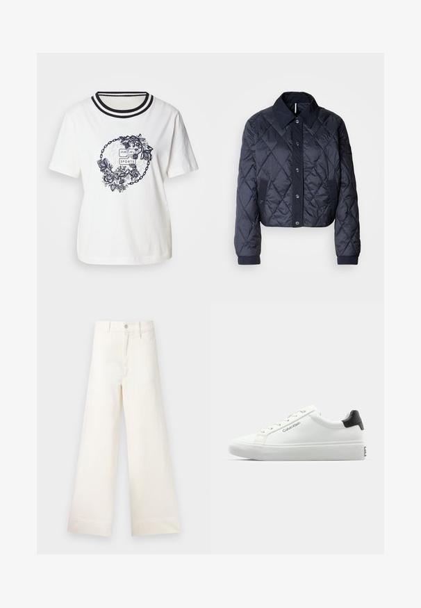 Chaqueta acolchada de color azul marino con un gran cuello, cierre de botones y puños elásticos. Presenta costuras diagonales y bolsillos laterales. Textura suave y lisa.; Camiseta de algodón blanca con un gráfico floral redondo en azul marino, con un cuello acanalado en franjas blancas y negras. Mangas cortas, corte relajado.; Pantalones de pierna ancha en algodón beige claro. Presenta una cintura alta, bolsillos frontales y un corte recto. Acabado de dobladillo limpio sin patrones.; Sneaker blanca con un acabado suave, acento negro en el talón y diseño de cordones. Presenta la marca "Calvin Klein" en el lateral. Estilo minimalista.