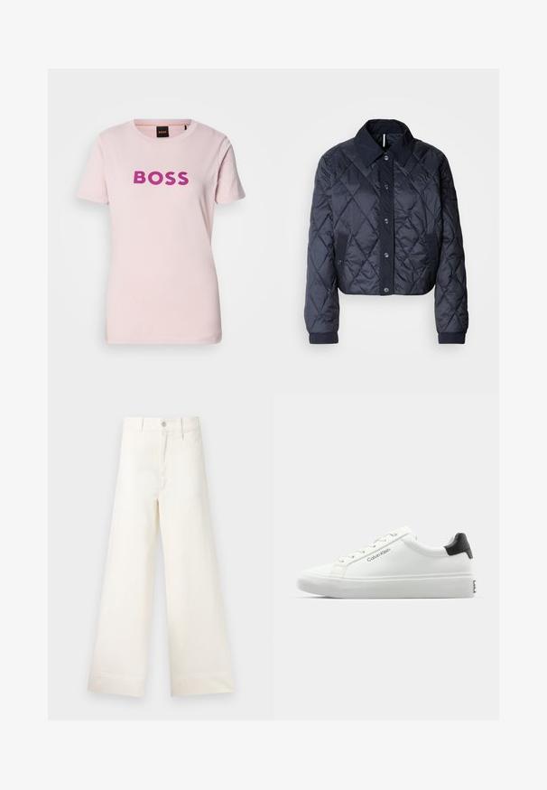 Mørkeblå quiltet jakke med en stor krave, knaplukning foran og elastiske manchetter. Har diagonal syning og sidelommer. Blød, glat tekstur.; Lyserød bomuld T-shirt med et markant lilla "BOSS" logo i midten. Kortærmet med klassisk rund hals.; Bredde benbukser i lys beige bomuld. Har høj talje, for- og baglommer samt lige pasform. Renset kantafslutning uden mønstre.; Hvid sneakers med en glat overflade, sort hælaccent og snørebåndsdesign. Har "Calvin Klein" branding på siden. Minimalistisk stil.