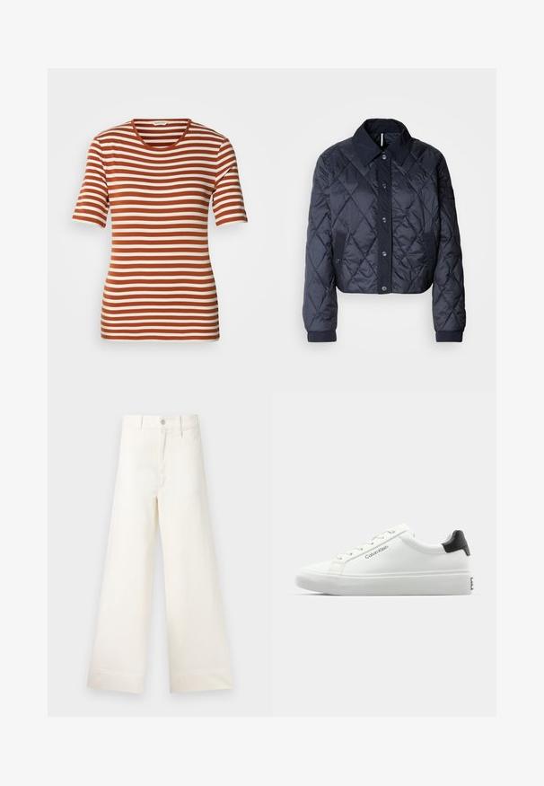 Laivastonsininen tikattu takki, jossa on suuri kaulus, napitus edessä ja elastiset hihansuut. Ominaisuuksiin kuuluu vinosaumaus ja sivutaskut. Pehmeä ja sileä tekstuuri.; T-paita, jossa on vuorottelevat ruosteiset ja kermaiset värit, lyhyet hihat, pyöreä pääntie ja pehmeä, tekstuuriainen kangas.; Suorat lahkeet vaaleasta beige puuvillasta. Korkea vyötärö, etutaskut ja suora leikkaus. Siisti helman viimeistely ilman kuvioita.; Valkoiset tennarit, joissa on sileä pinta, musta kantapääkorostus ja nauhakiinnitys. Sivulla on "Calvin Klein" -brändäys. Minimalistinen tyyli.