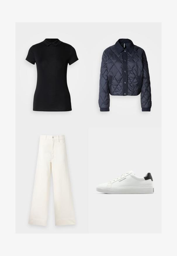 Navy blue quilted jacket with a large collar, button front, and elastic cuffs. Features diagonal stitching and side pockets. Soft, smooth texture.; Black polo shirt made of cotton blend fabric. Features short sleeves, a classic collar, and a slim fit design. Smooth texture with minimal detailing.; Wide-leg trousers in light beige cotton. Features a high waist, front pockets, and a straight cut. Clean hem finishing without patterns.; White sneaker with a smooth finish, black heel accent, and lace-up design. Features "Calvin Klein" branding on the side. Minimalist style.