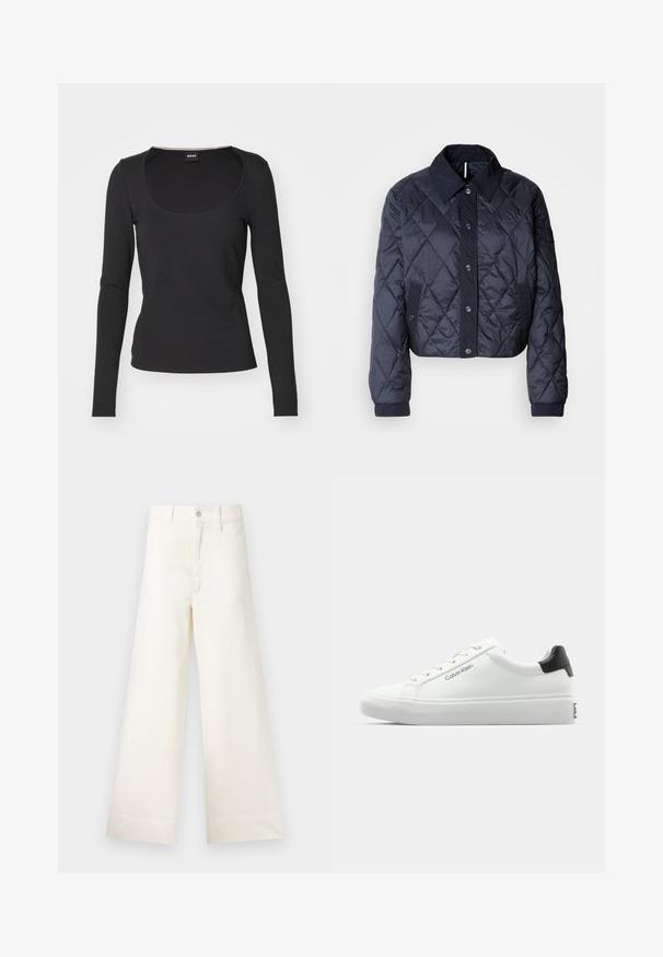 Jachetă matlasată de culoare bleumarin, cu un guler mare, închidere cu nasturi și manșete elastice. Prezintă cusături diagonale și buzunare laterale. Textură moale și netedă.; BOSS ECETA - Bluză cu mânecă lungă - black; Pantaloni cu croi larg din bumbac bej deschis. Prezintă talie înaltă, buzunare frontale și croi drept. Terminare netedă a tivului, fără modele.; Tenisii albi cu un finisaj neted, cu accent pe toc negru și design cu șireturi. Prezintă branding-ul "Calvin Klein" pe lateral. Stil minimalist.