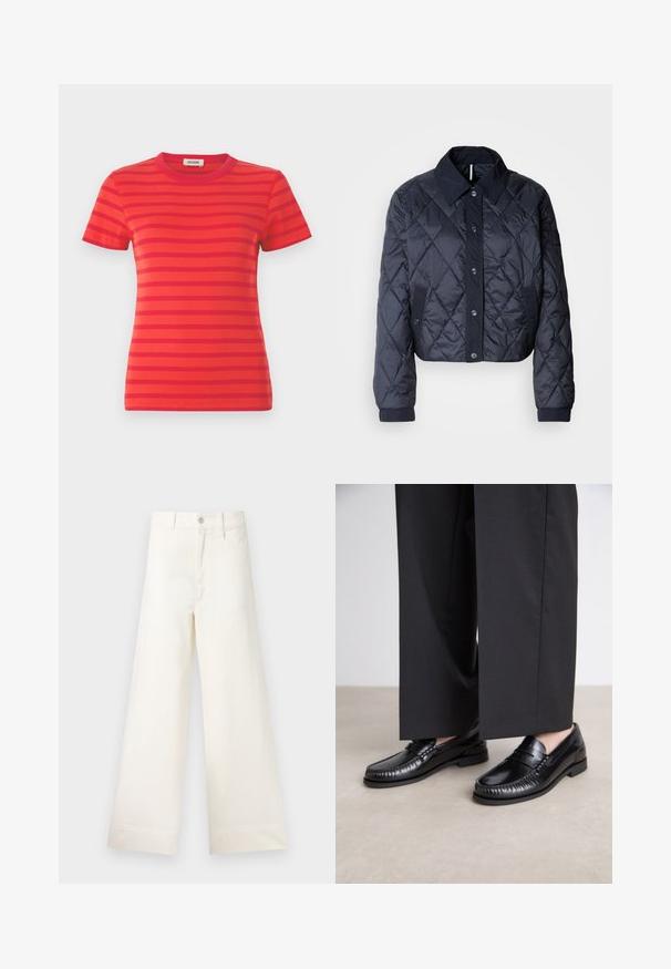 Tmavě modrá prošívaná bunda s velkým límcem, zapínáním na knoflíky a elastickými manžetami. Má diagonální prošití a boční kapsy. Měkká, hladká textura.; Červené ribbovaného tričko s horizontálními tmavšími červenými pruhy, kulatým výstřihem a krátkými rukávy, s obepnutým střihem.; Kalhoty s širokými nohavicemi v světle béžové bavlně. Mají vysoký pas, přední kapsy a rovný střih. Čistý lem bez vzorů.; Černé kožené loafers s hladkým povrchem, prošívané detaily kolem špičky a nízkou gumovou podrážkou. V kombinaci s širokými černými kalhotami.