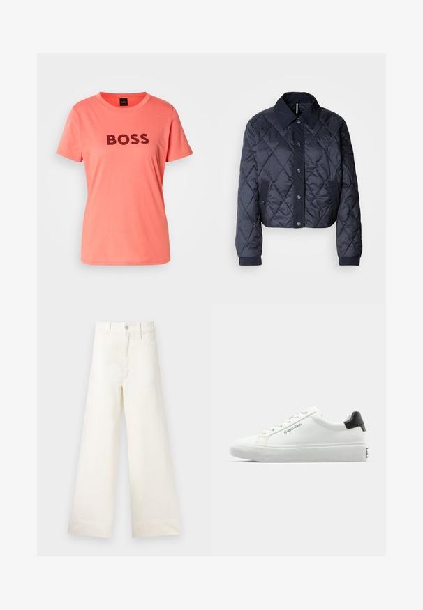Casaco acolchoado azul marinho com um grande colarinho, fecho de botões e punhos elásticos. Apresenta costura diagonal e bolsos laterais. Textura suave e lisa.; T-shirt cor-de-rosa coral com "BOSS" impresso em letras pretas em negrito na parte da frente. Gola redonda simples e mangas curtas.; Calças largas em algodão bege claro. Apresentam uma cintura alta, bolsos frontais e um corte reto. Acabamento de bainha limpo, sem padrões.; Sapatilha branca com acabamento liso, detalhe preto no calcanhar e design com atacadores. Apresenta a marca "Calvin Klein" na lateral. Estilo minimalista.