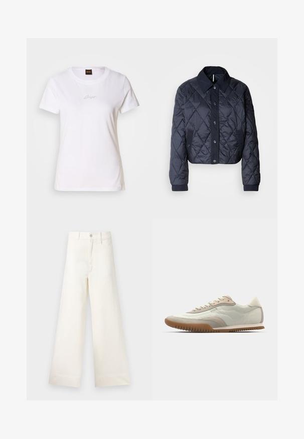 Sötétkék steppelt dzseki nagy gallérral, gombos elülső résszel és rugalmas mandzsettákkal. Áttört varrásokkal és oldalsó zsebekkel rendelkezik. Puha, sima textúrájú.; Fehér pamut póló rövid ujjakkal, kerek nyakkivágással, és egy apró, diszkrét fekete logóval hímzett a mellen. Simaság jellemzi.; Világos bézs pamut széles lábú nadrág. Magas derék, elülső zsebek és egyenes vonalú fazon jellemzi. Tiszta, mintázat nélküli hem befejezés.; Fehér és bézs sportcipő sima felsőrésszel, velúr részletekkel, textúrált talppal és tonális varrással. Fűzős záródás logó részlettel.