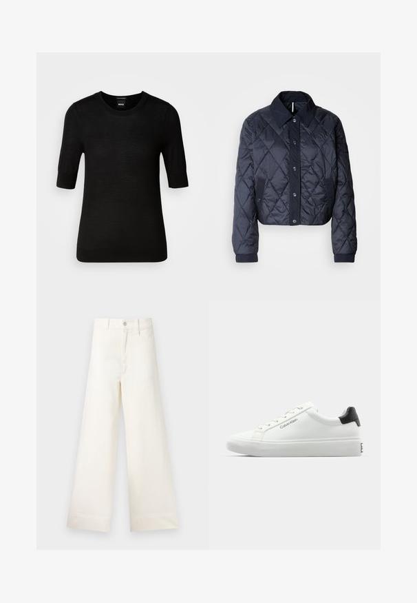 Tamsiai mėlynas paminkštintas švarkas su didele apykakle, mygtukų uždarymu ir elastingomis rankovėmis. Pasižymi įstrižainiais siūlais ir šoninėmis kišenėmis. Minkšta, lygi tekstūra.; Juodas trumpomis rankovėmis megztinis, pagamintas iš delikataus merino vilnos. Apvalus iškirpimas, siauras siluetas, lygi tekstūra, minimalistinis dizainas, be matomų raštų ar akcentų.; Platus kojų kelnes šviesiai smėlio spalvos medvilnės. Aukšta juosmens linija, priekinės kišenės ir tiesus kirpimas. Švarus apvadas be raštų.; Baldos suknelės sportbačiai su lygiu paviršiumi, juodu kulno akcentu ir raištelių dizainu. Šone matoma "Calvin Klein" prekės ženklo ženklas. Minimalistinio stiliaus.