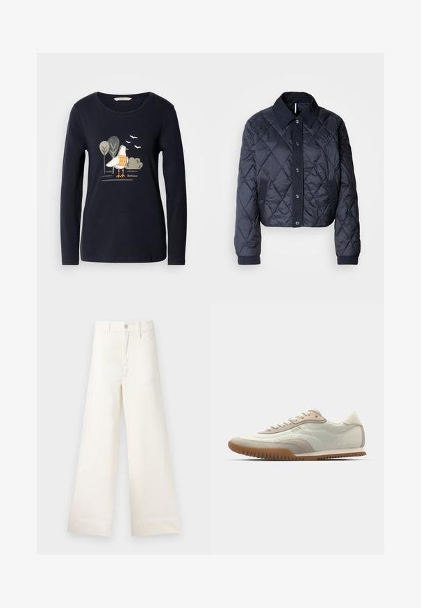 Casaco acolchoado azul marinho com um grande colarinho, fecho de botões e punhos elásticos. Apresenta costura diagonal e bolsos laterais. Textura suave e lisa.; Camisa de manga longa azul-marinho com um gráfico de um pássaro com detalhes em laranja, rodeado por árvores estilizadas e pássaros em um design minimalista.; Calças largas em algodão bege claro. Apresentam uma cintura alta, bolsos frontais e um corte reto. Acabamento de bainha limpo, sem padrões.; Sapatilha branca e bege com umUpper suave e detalhes em camurça, sola texturizada e costura tonal. Fecho com atacadores e detalhe com logótipo.
