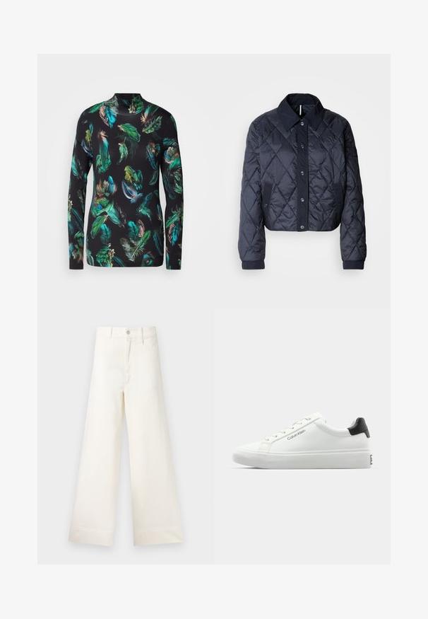 Tamsiai mėlynas paminkštintas švarkas su didele apykakle, mygtukų uždarymu ir elastingomis rankovėmis. Pasižymi įstrižainiais siūlais ir šoninėmis kišenėmis. Minkšta, lygi tekstūra.; Ilgos rankovės marškiniai, pagaminti iš lengvos medžiagos, su juodu fonu ir spalvingais plunksnų raštais – žalia, mėlyna ir ruda.; Platus kojų kelnes šviesiai smėlio spalvos medvilnės. Aukšta juosmens linija, priekinės kišenės ir tiesus kirpimas. Švarus apvadas be raštų.; Baldos suknelės sportbačiai su lygiu paviršiumi, juodu kulno akcentu ir raištelių dizainu. Šone matoma "Calvin Klein" prekės ženklo ženklas. Minimalistinio stiliaus.