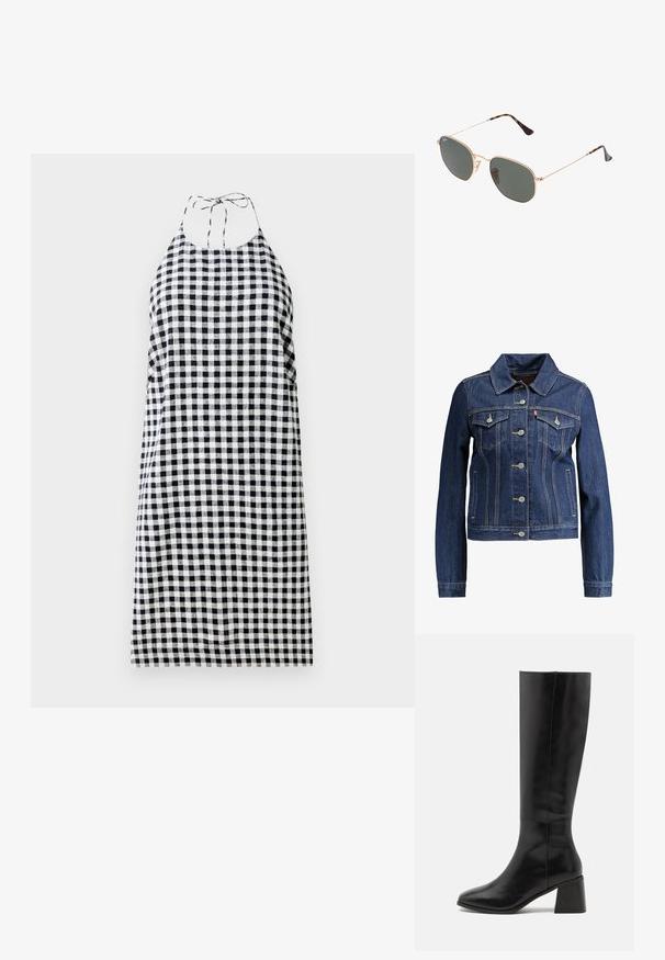 Chaqueta de denim azul oscuro con cuello, cierre de botones y dos bolsillos en el pecho. Presenta costuras amarillas y un diseño corto.; Vestido de cuello halter en patrón de cuadros en blanco y negro, con un corte holgado y lazos en la parte trasera del cuello. Tela ligera.; ONLY SHOES ONLBIJOU KNEE HIGH BOOT - Botas - black; Gafas de sol de metal dorado con lentes verde oscuro, estilo aviador, con patillas delgadas y acentos de carey en los extremos.; Bolso de mano de cuero negro acolchado con una correa de cadena dorada y un cierre de toggle con un acento circular. Forma rectangular compacta.