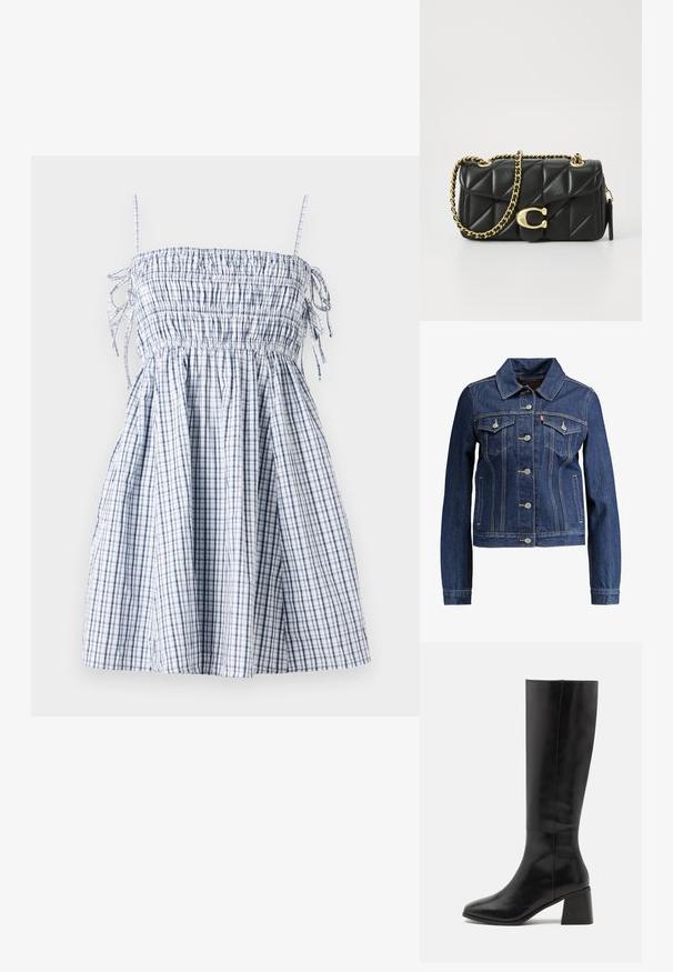 Dunkelblaue Jeansjacke mit Kragen, Knopfleiste und zwei Brusttaschen. Mit gelben Nähten und einem kürzeren Design.; Blau-weiß kariertes Kleid mit gerafftem Oberteil, dünnen Trägern und einem schwingenden Rock, aus leichtem Stoff gefertigt. Mit Kordelzugdetails.; ONLY SHOES ONLBIJOU KNEE HIGH BOOT - Stiefel - black; Schwarze, gesteppten Lederhandtasche mit einer goldfarbenen Kettenriemen und einem Drehverschluss, der mit einem runden Akzent verziert ist. Kompakte rechteckige Form.
