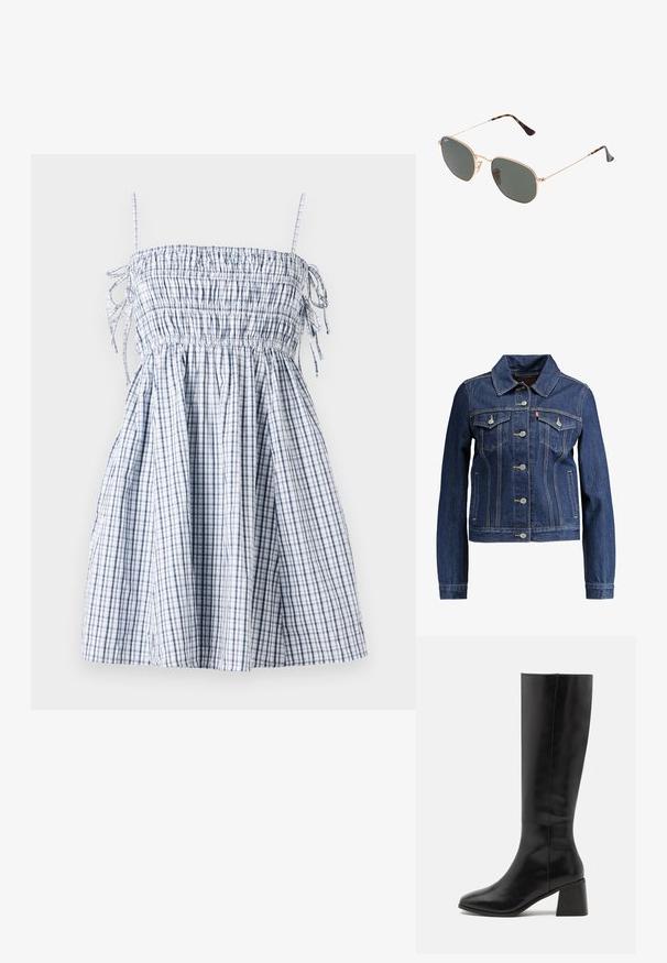 Dunkelblaue Jeansjacke mit Kragen, Knopfleiste und zwei Brusttaschen. Mit gelben Nähten und einem kürzeren Design.; Blau-weiß kariertes Kleid mit gerafftem Oberteil, dünnen Trägern und einem schwingenden Rock, aus leichtem Stoff gefertigt. Mit Kordelzugdetails.; ONLY SHOES ONLBIJOU KNEE HIGH BOOT - Stiefel - black; Goldfarbene Metallrahmen-Sonnenbrillen mit dunkelgrünen Gläsern im Pilotenstil, mit schlanken Bügeln und Schildpatt-Akzenten an den Spitzen.