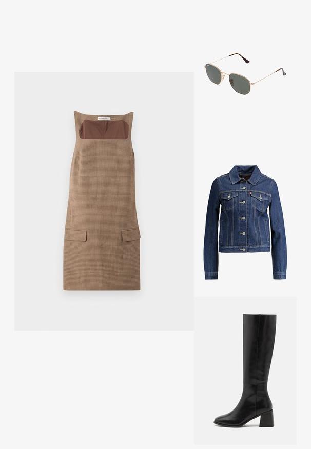 Donkerblauwe denimjas met een kraag, knopen aan de voorkant en twee borstzakken. Voorzien van gele stiksels en een cropped ontwerp.; Bruin geruite mouwloze jurk met een vierkante halslijn, met een bruin effen stofinzet en twee voorzakken.; ONLY SHOES ONLBIJOU KNEE HIGH BOOT - Laarzen - black; Gouden metalen zonnebril met donkergroene lenzen, aviator-stijl, met slanke scharnieren en schildpad-accenten op de uiteinden.; Zwarte gewatteerde leren handtas met een gouden kettingschouderband en een toggle-sluiting met een rond accent. Compacte rechthoekige vorm.