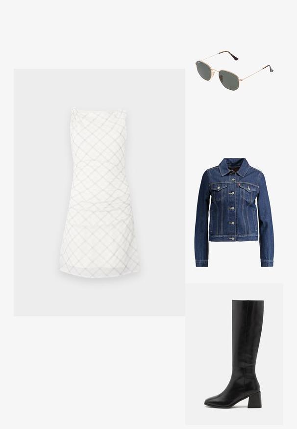 Chaqueta de denim azul oscuro con cuello, cierre de botones y dos bolsillos en el pecho. Presenta costuras amarillas y un diseño corto.; Vestido blanco con un patrón de cuadros en gris claro. El diseño incluye un cuerpo ajustado con fruncidos y una falda recta de longitud a la rodilla.; ONLY SHOES ONLBIJOU KNEE HIGH BOOT - Botas - black; Gafas de sol de metal dorado con lentes verde oscuro, estilo aviador, con patillas delgadas y acentos de carey en los extremos.; Bolso de mano de cuero negro acolchado con una correa de cadena dorada y un cierre de toggle con un acento circular. Forma rectangular compacta.
