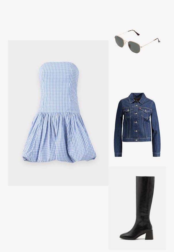 Giacca di jeans blu scuro con colletto, chiusura a bottoni e due tasche sul petto. Presenta cuciture gialle e un design cropped.; Abito senza spalline con motivo a quadretti blu e bianchi, caratterizzato da un corpetto aderente e una gonna svasata, raccolta e con una finitura testurizzata.; ONLY SHOES ONLBIJOU KNEE HIGH BOOT - Stivali alti - black; Occhiali da sole con montatura in metallo dorato e lenti verde scuro, stile aviator, con aste sottili e dettagli in tartaruga sulle punte.