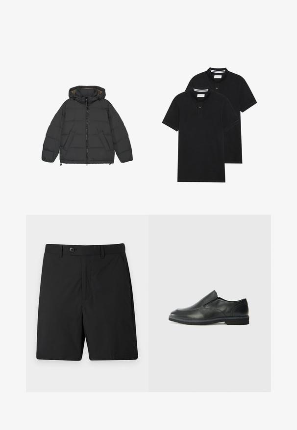 Schwarze Puffjacke mit Kapuze, Reißverschluss vorne, elastischen Bündchen und Seitentaschen. Verfügt über gesteppte Abschnitte und ein glattes Innenfutter.; Zwei schwarze Polohemden, kurzärmlig, aus Baumwolle, mit einem klassischen Kragen, zwei Knöpfen und weißen Streifenakzenten im Inneren des Kragens.; Schwarze Shorts aus leichtem Stoff mit einem Knopfverschluss, zwei Seitentaschen und geradem Schnitt. Glatte Textur und einfaches Design.; Schwarze Leder-Slipper mit glattem Obermaterial, gesteppten Akzenten, runder Zehenpartie und niedrigem Gummiabsatz. Die Sohle hat ein minimales Profil.