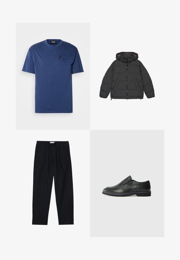 Schwarze Puffjacke mit Kapuze, Reißverschluss vorne, elastischen Bündchen und Seitentaschen. Verfügt über gesteppte Abschnitte und ein glattes Innenfutter.; Navyblaue Baumwoll-T-Shirt mit lockerer Passform, mit einem grafischen Druck auf der linken Brustseite und kurzen Ärmeln. Einfacher Rundhalsausschnitt.; Pier One Chino - black; Schwarze Leder-Slipper mit glattem Obermaterial, gesteppten Akzenten, runder Zehenpartie und niedrigem Gummiabsatz. Die Sohle hat ein minimales Profil.