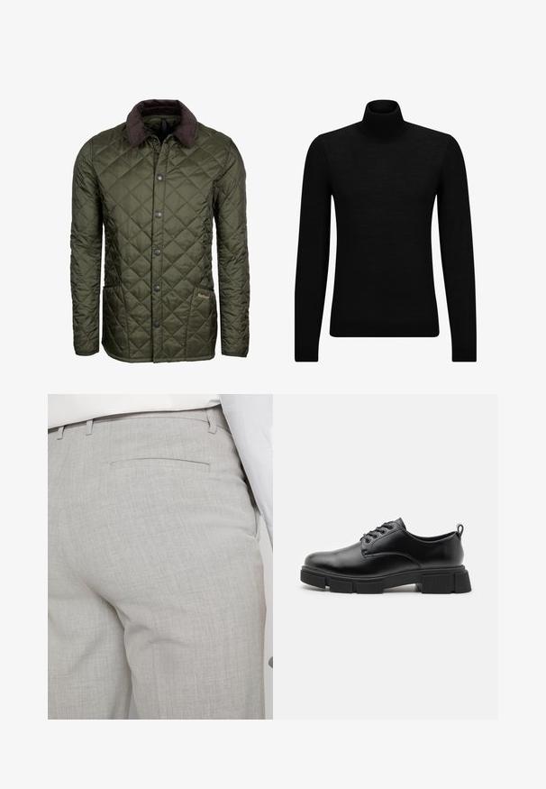 Giubbotto imbottito verde oliva con colletto in corduroy marrone, bottoni a pressione e tasche laterali, con un logo del marchio discreto.; Maglione a collo alto nero realizzato in materiale morbido, con maniche lunghe e vestibilità aderente. Bordo a coste all'orlo e ai polsini. Design semplice.; Pantaloni sartoriali grigio chiaro realizzati in tessuto strutturato, con una tasca posteriore singola e cuciture pulite.; Zign LEATHER - Stringate - black