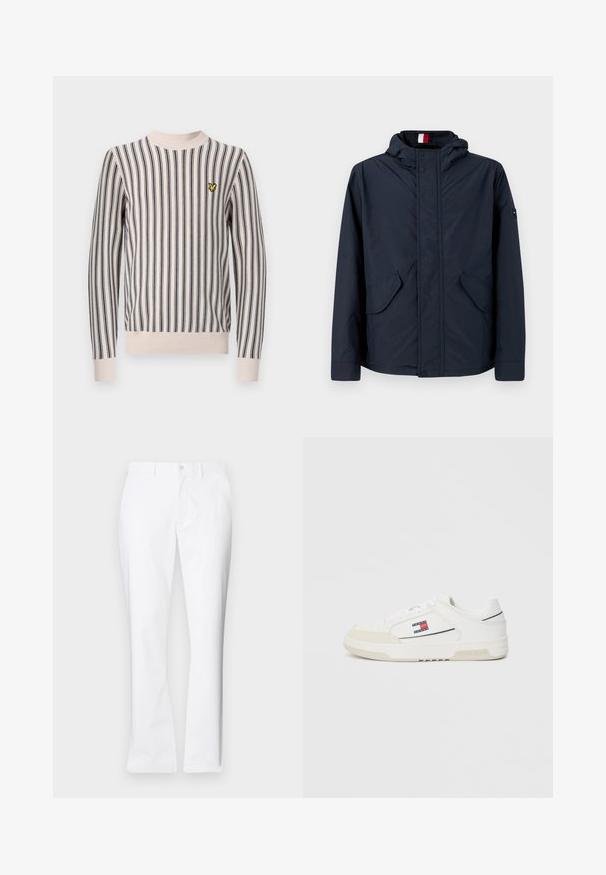 Dunkelblaue Kapuzenjacke mit vorderen Knöpfen, Klapptaschen und einem kleinen Logopatch am linken Ärmel, auf einem weißen Hintergrund präsentiert.; Lyle & Scott VERTICAL STRIPE CREW NECK - Strickpullover - cove; Weiße Baumwollhose mit geradem Bein, vorderen Taschen, einem einzigen Knopfverschluss und einer glatten Textur.; Weiße Sneakers aus glattem Leder mit einer Wildleder-Zehenkappe, ausgestattet mit einem kleinen roten, weißen und blauen Logo an der Seite und einer strukturierten Sohle.