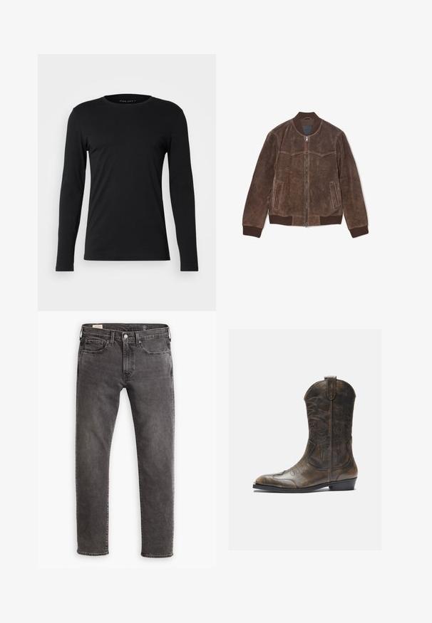 Braune Wildleder-Bomberjacke mit Frontreißverschluss, geripptem Kragen, Bündchen, Taillenbund und zwei seitlichen Taschen.; Schwarzes Langarm-T-Shirt aus weichem Stoff. Mit Rundhalsausschnitt und figurbetonter Silhouette, ohne sichtbare Grafiken oder Verzierungen.; Graue Jeans aus Denim mit geradem Schnitt, fünf Taschen-Design und Knopfleiste. Besitzt dezente Ausbleichungen und tonal abgestimmte Nähte.; Braune Leder-Cowboystiefel mit hohem Schaft, spitzem Zehenbereich, aufwendigen Stickmustern und kleinem Absatz. Strukturierte Oberflächenbeschaffenheit.