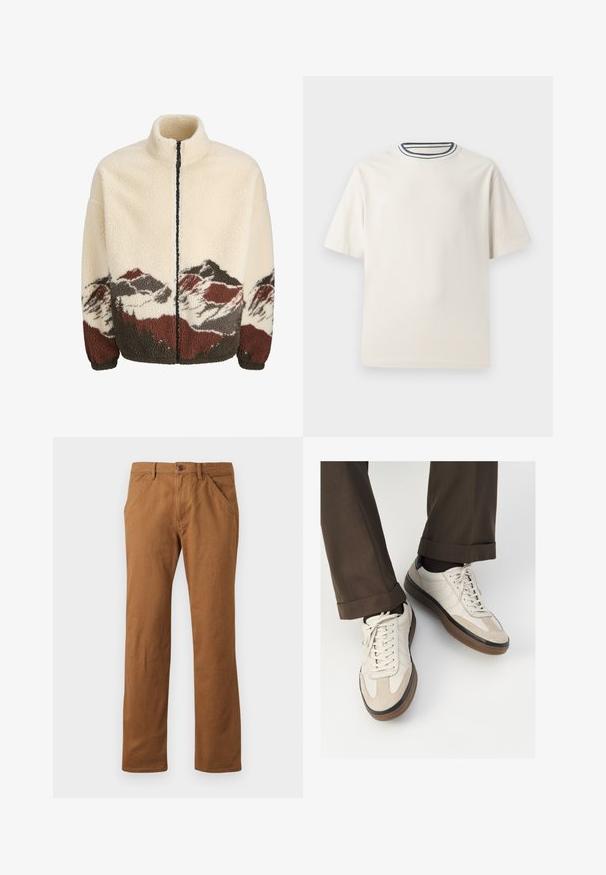 Casaco de fleece em tom creme com colarinho alto e fecho de correr. Apresenta um padrão de paisagem montanhosa em castanho, cinza e vermelho na barra.; T-shirt de algodão em cor creme com mangas curtas, apresentando um decote redondo realçado por listras em azul-marinho e branco. Textura suave, corte descontraído.; Calças de algodão castanhas com corte reto, apresentando fecho de botão, bolsos laterais e uma textura suave. Adequadas para uso casual.; Tênis bege com frente em camurça texturizada, lados em couro liso e sola em borracha marrom. Inclui cadarços e detalhes de costura clara.