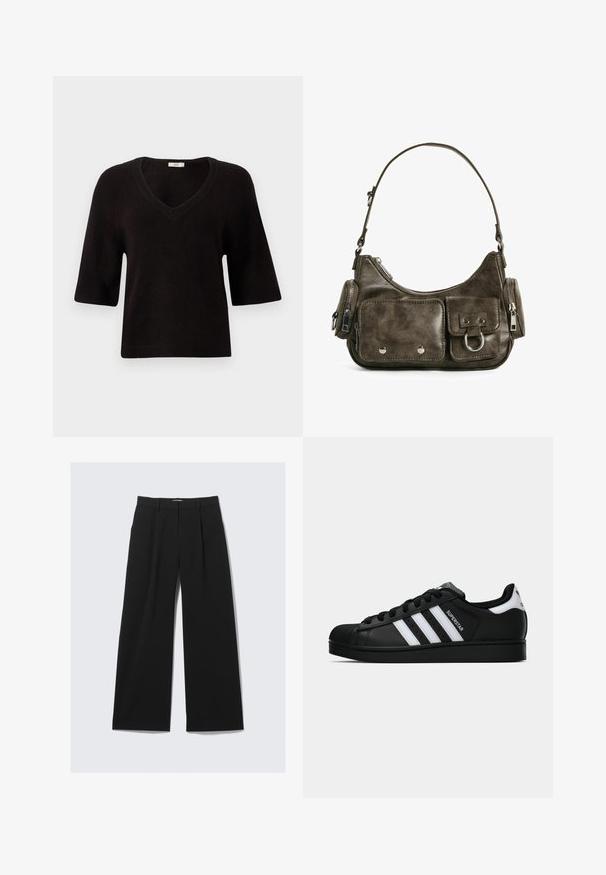 Schwarze, taillierte Jacke aus weichem, glattem Material, mit hohem Kragen, Frontreißverschluss und seitlichen Taschen mit dezenten Nähdetails.; Schwarzer Strickpullover mit V-Ausschnitt, kurzen Ärmeln und lockerer Passform. Weicher Stoff mit gerippten Akzenten am Saum und an den Ärmeln.; Schwarze weit geschnittene Hose mit Gürtelschlaufen, vorderen Falten und verdecktem Frontverschluss, auf einem weißen Hintergrund präsentiert.; Schwarzer Adidas Superstar Sneaker mit weißen Streifen, Schalenzehen und "Superstar"-Schriftzug an der Seite, im Seitenprofil auf weißem Hintergrund dargestellt.; Dunkelgrüne Lederhandtasche mit geschwungener Form, Reißverschlussfächern und Taschen auf der Vorderseite mit Klappe. Ausgestattet mit silberfarbenen Beschlägen und strukturierter Oberfläche.