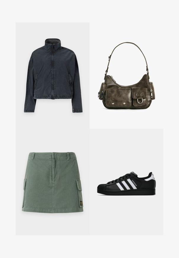Czarna krótka kurtka wykonana z miękkiego, gładkiego materiału, z wysokim kołnierzem, zapięciem na zamek z przodu oraz bocznymi kieszeniami z delikatnymi detalami szwów.; Czarna bluza z długim rękawem i kapturem, z zamkiem z przodu. Wykonana z gładkiego materiału, dopasowana, z minimalnymi detalami. Okrągły dół.; Zielona dżinsowa spódnica z dopasowanym pasem, dwoma bocznymi kieszeniami i naszywką na dolnej prawej stronie. Gładka tekstura z delikatnym połyskiem.; Czarne sneakersy Adidas Superstar z białymi paskami, noskiem w kształcie muszli i napisem "Superstar" na boku, zaprezentowane w profilu bocznym na białym tle.; Ciemnozielona skórzana torebka o zaokrąglonym kształcie, z kieszeniami na zamek błyskawiczny oraz przednią kieszenią z klapką. Wyposażona w srebrne akcesoria i teksturowane wykończenie.