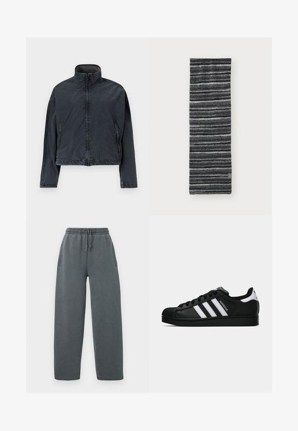 Černá zkrácená bunda vyrobená z měkkého, hladkého materiálu, s vysokým límcem, předním zipem a bočními kapsami s jemnými detailem švů.; Černá dlouhá mikina s kapucí a předním zipem. Vyrobena z hladkého materiálu, přiléhavý střih a minimální zdobení. Zakulacený spodní lem.; Šedé tepláky s elastickým pasem na šňůrku, bočními kapsami a volným střihem. Vyrobeny z měkké, texturované tkaniny.; Černé tenisky Adidas Superstar se bílými pruhy, špičkou ve tvaru skořápky a textem "Superstar" na boku, zobrazené v bočním profilu na bílém pozadí.; Pletený šátek s černými a šedými vodorovnými pruhy, měkká textura, prodloužený obdélníkový tvar, s malou cedulkou v dolním rohu.; Tmavě zelená kožená kabelka s zakřiveným tvarem, zipovými kapsami a přední kapsou na klopu. Má stříbrné kovové doplňky a texturovaný povrch.