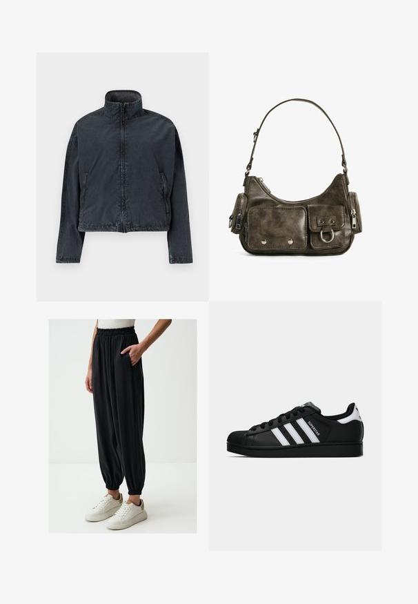 Veste noire courte en matériau doux et lisse, avec un col montant, fermeture éclair à l'avant et poches latérales avec des détails de couture subtils.; Haut à manches longues noir avec capuche et fermeture éclair à l'avant. Fabriqué en tissu lisse, design ajusté et détails minimaux. Ourlet arrondi en bas.; Pantalons noirs ample avec une taille élastique et des poches latérales, se resserrant à la cheville, associés à des baskets blanches.; Baskets Adidas Superstar noires avec rayures blanches, bout en coque, et texte "Superstar" sur le côté, montrées en profil sur fond blanc.; Sac à main en cuir vert foncé de forme arrondie, avec des poches zippées et une poche à rabat à l'avant. Présente un matériel en argent et une finition texturée.