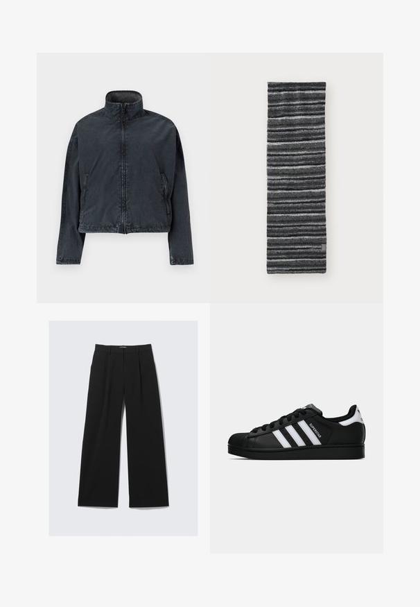 Schwarze, taillierte Jacke aus weichem, glattem Material, mit hohem Kragen, Frontreißverschluss und seitlichen Taschen mit dezenten Nähdetails.; Schwarzes, langärmliges Kapuzenshirt mit einem Frontreißverschluss. Aus einem glatten Stoff gefertigt, figurbetontes Design und minimalistischem Detail. Abgerundeter Saum am unteren Ende.; Schwarze weit geschnittene Hose mit Gürtelschlaufen, vorderen Falten und verdecktem Frontverschluss, auf einem weißen Hintergrund präsentiert.; Schwarzer Adidas Superstar Sneaker mit weißen Streifen, Schalenzehen und "Superstar"-Schriftzug an der Seite, im Seitenprofil auf weißem Hintergrund dargestellt.; Gestrickter Schal mit schwarzen und grauen horizontalen Streifen, weiche Textur, länglich-rechteckige Form, mit einem kleinen Etikett in der unteren Ecke.; Dunkelgrüne Lederhandtasche mit geschwungener Form, Reißverschlussfächern und Taschen auf der Vorderseite mit Klappe. Ausgestattet mit silberfarbenen Beschlägen und strukturierter Oberfläche.