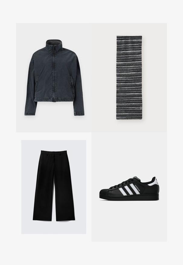 Crna skraćena jakna napravljena od mekog, glatkog materijala, s visokim ovratnikom, prednjim rajsferšlusom i bočnim džepovima sa suptilnim detaljima šivanja.; Crna dugosleevna majica s kapuljačom i prednjim patentnim zatvaračem. Izrađena od glatkog materijala, prilagođenog kroja i minimalnih detalja. Zaobljen rub na dnu.; Crne hlače širokih nogavica s bočnim džepovima, petljama za pojas i prednjim zatvaračem na jednobojnoj svijetloj pozadini.; Crne Adidas Superstar tenisice s bijelim prugama, konusom na vrhu i natpisom "Superstar" sa strane, prikazane u bočnom profilu na bijeloj pozadini.; Pleteni šal s crnim i sivim horizontalnim prugama, mekane teksture, izduženog pravokutnog oblika, s malom etiketom u donjem kutu.; Tamnozelena kožna torba u obliku krivulje, s patentnim zatvaračima i prednjim džepom s preklopom. Ima srebrne metalne detalje i teksturiranu površinu.