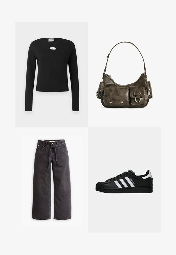 Svart kort jacka i mjukt, slätt material med hög krage, framzipper och sidofickor med subtila sömnadsdetaljer.; Svart långärmad t-shirt i bomull med rund halsringning, med en silveroval logo placerad i mitten fram.; Svarta vida jeans gjorda av denim, med dragsko i midjan, fem fickor och kontrasterande sömnadsdetaljer. Platt framsidan design.; Svart Adidas Superstar sneaker med vita ränder, sula i skalform och "Superstar" text på sidan, visad i sidoprofil mot vit bakgrund.; Mörkgrön läderhandväska med en böjd form, med dragkedjefickor och en ficka med framflik. Utrustad med silverfärgade detaljer och en texturerad yta.
