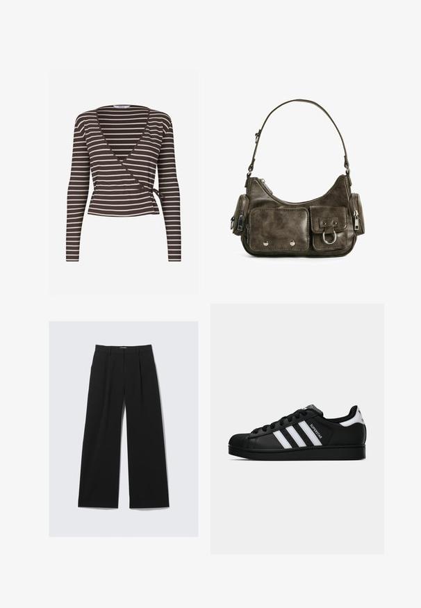 Giacca nera cropped realizzata in materiale morbido e liscio, con colletto alto, zip frontale e tasche laterali con dettagli di cucitura sottili.; Top avvolgente a maniche lunghe a righe marroni e crema con scollo a V profondo e cintura in vita, realizzato in tessuto a costine.; Pantaloni neri a gamba larga con passanti per cintura, pieghe frontali e chiusura frontale nascosta, esposti su uno sfondo bianco.; Sneaker nera Adidas Superstar con strisce bianche, punta a conchiglia e testo "Superstar" su un lato, mostrata in profilo laterale su sfondo bianco.; Borsa a tracolla in pelle verde scuro con forma curvata, tasche con zip e tasca anteriore con patta. Presenta accessori in argento e una finitura texture.