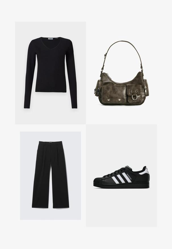 Černá zkrácená bunda vyrobená z měkkého, hladkého materiálu, s vysokým límcem, předním zipem a bočními kapsami s jemnými detailem švů.; Černý svetr s dlouhým rukávem a výstřihem do V vystavený na bílém pozadí, s jemnou strukturou a jednoduchým, neformálním designem.; Černé široké kalhoty s poutky na opasek, předními záhyby a skrytým předním zapínáním, vystavené na bílém pozadí.; Černé tenisky Adidas Superstar se bílými pruhy, špičkou ve tvaru skořápky a textem "Superstar" na boku, zobrazené v bočním profilu na bílém pozadí.; Tmavě zelená kožená kabelka s zakřiveným tvarem, zipovými kapsami a přední kapsou na klopu. Má stříbrné kovové doplňky a texturovaný povrch.
