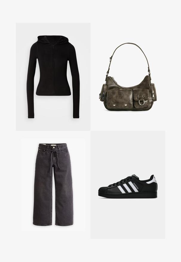 Black cropped jacket made of soft, smooth material, featuring a high collar, front zipper, and side pockets with subtle stitching details.; Black long-sleeve hooded top with a front zipper. Made of a smooth fabric, fitted design, and minimal detailing. Rounded hem at the bottom.; Black wide-leg jeans made of denim, featuring a drawstring waist, five pockets, and contrast stitching details. Flat-front design.; Black Adidas Superstar sneaker with white stripes, shell toe, and "Superstar" text on side, shown in side profile on white background.; Dark green leather handbag with a curved shape, zippered pockets, and front flap pocket. Features silver hardware and textured finish.