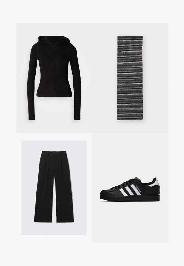 Fekete, rövidített kabát, puha, sima anyagból készült, magas gallérral, elülső cipzárral és diszkrét varrásokkal ellátott oldalsó zsebekkel.; Fekete, hosszú ujjú, kapucnis felső, elülső cipzárral. Simára szőtt anyagból készült, testhezálló kialakítással és minimális díszítéssel. Lekerekített alsó szegéllyel.; Fekete, bő szárú nadrág övhurkokkal, elöl pleátokkal és rejtett elülső záródással, fehér háttér előtt bemutatva.; Fekete Adidas Superstar sportcipő fehér csíkokkal, kagyló orral és "Superstar" felirattal az oldalán, oldalról bemutatva, fehér háttér előtt.; Fekete és szürke vízszintes csíkos kötött sál, puha tapintással, hosszúkás téglalap alakú, az alján egy kis címkével.; Sötétzöld bőr kézitáska ívelt formával, cipzáras zsebekkel és elülső fedélzsebbel. Ezüst hardware-rel és textúrázott felülettel rendelkezik.