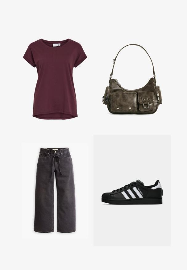 Giacca nera cropped realizzata in materiale morbido e liscio, con colletto alto, zip frontale e tasche laterali con dettagli di cucitura sottili.; T-shirt bordeaux a maniche corte con scollatura rotonda, leggermente più lungo sul retro e con risvolti, realizzato in tessuto morbido.; Jeans neri a gamba larga in denim, con vita con coulisse, cinque tasche e dettagli di cuciture a contrasto. Design con davanti piatto.; Sneaker nera Adidas Superstar con strisce bianche, punta a conchiglia e testo "Superstar" su un lato, mostrata in profilo laterale su sfondo bianco.; Borsa a tracolla in pelle verde scuro con forma curvata, tasche con zip e tasca anteriore con patta. Presenta accessori in argento e una finitura texture.