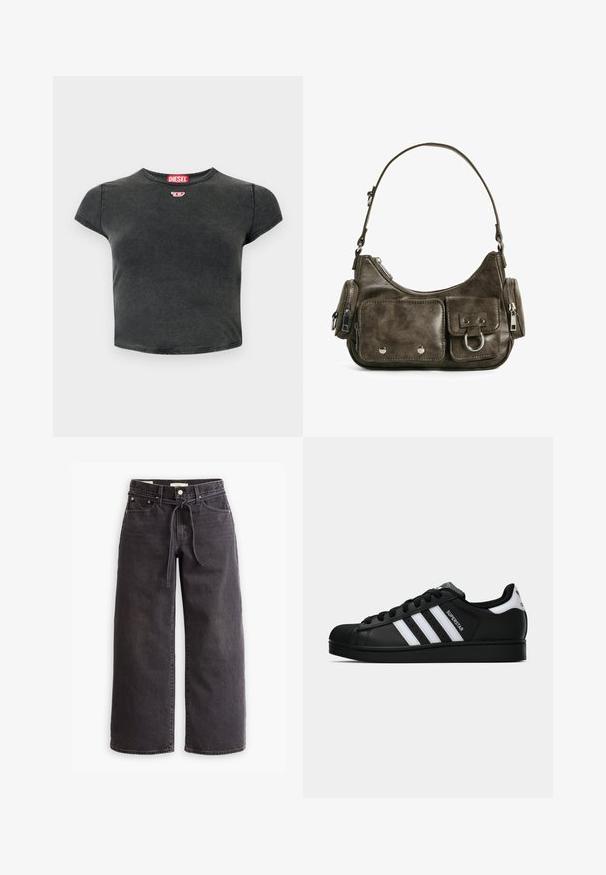 Jachetă neagră scurtă, dintr-un material moale și neted, având un guler înalt, fermoar frontal și buzunare laterale cu detalii de cusătură subtile.; Tricou negru, scurt, din bumbac, cu guler rotund și mâneci scurte. Are un mic logo roșu și o textură uzată.; Jeans negre cu picioare largi, din denim, cu talie ajustabilă cu șnur, cinci buzunare și detalii de cusătură în contrast. Design cu fața plată.; Tenisii Adidas Superstar negri cu dungi albe, vârf din plastic, și textul "Superstar" pe lateral, prezentati în profil lateral pe fundal alb.; Geantă de mână din piele verde închis, cu o formă curbată, buzunare cu fermoar și un buzunar cu clapeta frontală. Dispune de accesorii din argint și un finisaj texturat.