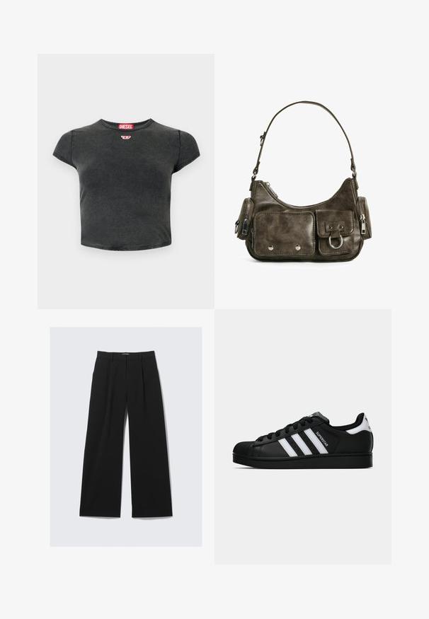 Črn krajši jopič iz mehkega, gladkega materiala, z visokim ovratnikom, sprednjim zadrgo in stranskimi žepi s subtilnimi šivi.; Črn krojeni T-majica iz bombaža z okroglim izrezom in kratkimi rokavi. Ima majhen rdeč logotip in zbledelo teksturo.; Črne široke hlače z zankami za pas, sprednjimi gubami in skrito sprednjo zaponko, prikazane na beli podlagi.; Črne superge Adidas Superstar z belimi črtami, zaščitnim pokrovom na prstih in napisom "Superstar" na strani, prikazane v bočnem profilu na beli podlagi.; Temno zelena usnjena torbica s ukrivljeno obliko, z zadrgo in sprednjim žepom na poklopcu. Opremljena je s srebrnim okovjem in teksturirano površino.