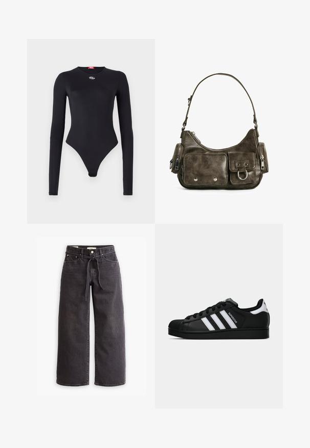 Crna skraćena jakna napravljena od mekog, glatkog materijala, s visokim ovratnikom, prednjim rajsferšlusom i bočnim džepovima sa suptilnim detaljima šivanja.; Crni bodi dugih rukava sa okruglim izrezom, izrađen od glatkog materijala. Ima uski donji rez i mali logo na prsima.; Crne široke traperice izrađene od denima, s elastičnim pojasom na vezanje, pet džepova i detaljima kontrastnog šivanja. Dizajn s ravnim prednjim dijelom.; Crne Adidas Superstar tenisice s bijelim prugama, konusom na vrhu i natpisom "Superstar" sa strane, prikazane u bočnom profilu na bijeloj pozadini.; Tamnozelena kožna torba u obliku krivulje, s patentnim zatvaračima i prednjim džepom s preklopom. Ima srebrne metalne detalje i teksturiranu površinu.